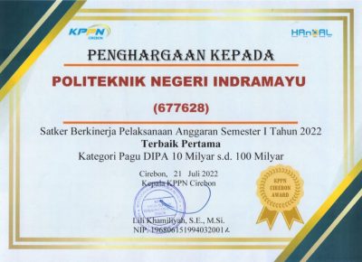 Polindra Mendapatkan Penghargaan Satker Dengan Kinerja Pelaksanaan Anggaran Terbaik Dari KPPN Cirebon